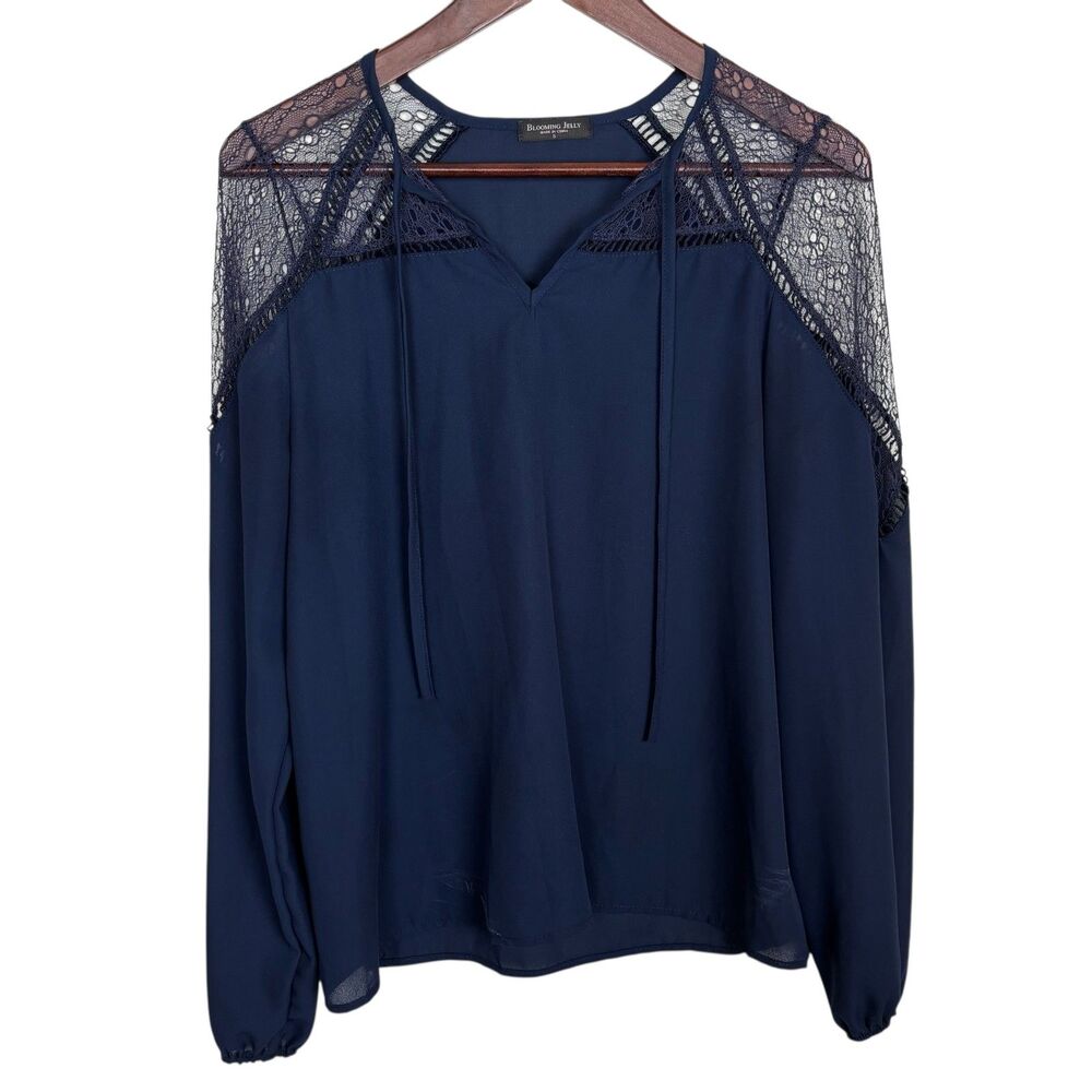 Blooming Jelly Navy Blue Lace Detail Long Sleeve Shirt Blouse Top Women's Small